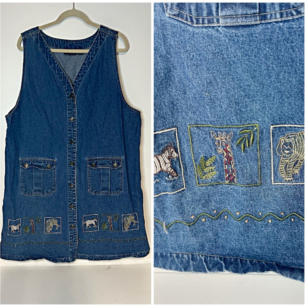 Vintage 1990s Denim Button Up Mini Dress African Animal Embroidery